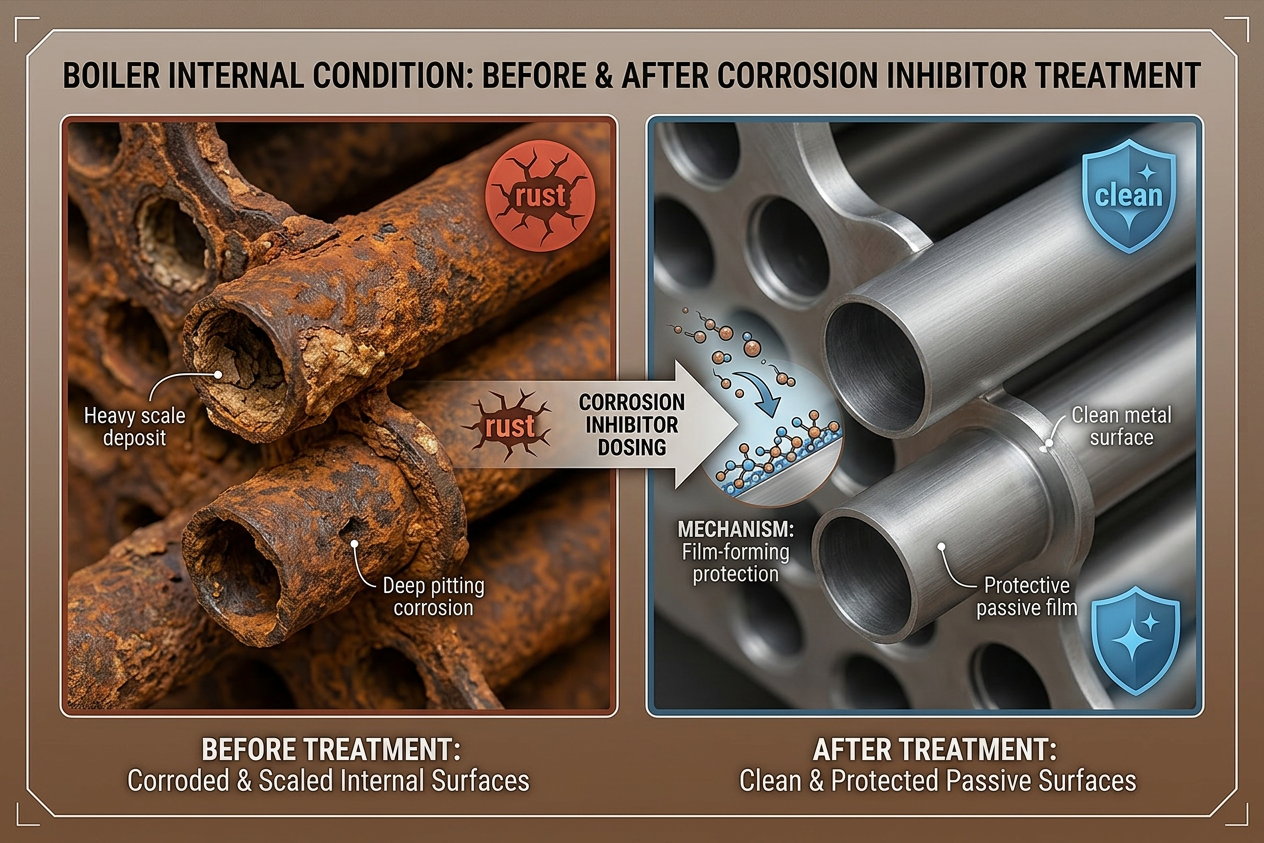 Corroded boiler pipes before treatment and clean pipes after corrosion inhibitor dosing